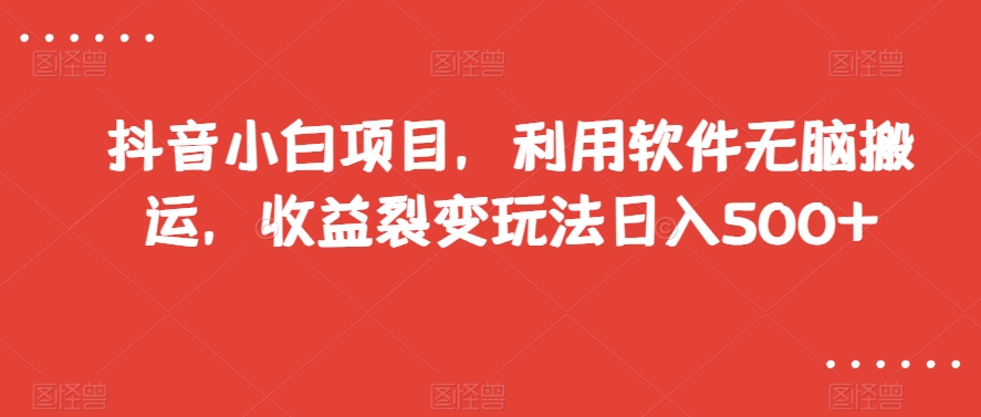 抖音小白项目，利用软件无脑搬运，收益裂变玩法日入500+【揭秘】-21资源库