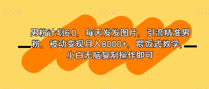 男粉计划6.0，每天发发图片，引流精准男粉，被动变现月入8000+，喂饭式教学，小白无脑复制操作即可-21资源库