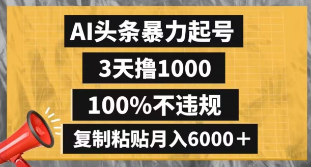 AI头条暴力起号，3天撸1000,100%不违规，复制粘贴月入6000＋【揭秘】-21资源库