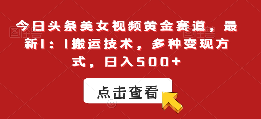 今日头条美女视频黄金赛道，最新1：1搬运技术，多种变现方式，日入500+【揭秘】-21资源库