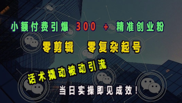 小额付费引爆 300 + 精准创业粉，零剪辑、零复杂起号，话术撬动被动引流，当日实操即见成效-21资源库