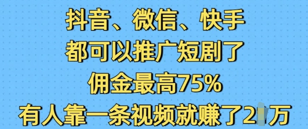 抖音微信快手都可以推广短剧了，佣金最高75%，有人靠一条视频就挣了2W-21资源库