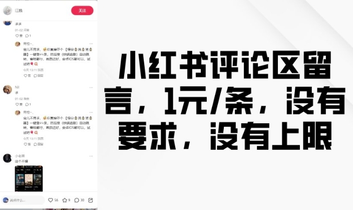 小红书评论区留言，1元条，没有要求，没有上限-21资源库