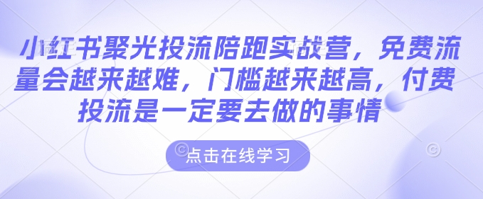 小红书聚光投流陪跑实战营，免费流量会越来越难，门槛越来越高，付费投流是一定要去做的事情-21资源库