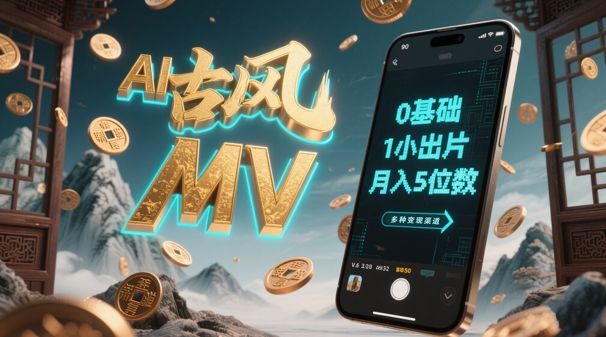 AI一键生成古风音乐MV，0剪辑基础1小时出片，多种变现渠道，一部手机月入5位数-21资源库