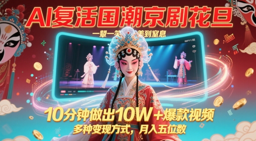 AI复活国潮京剧花旦，一颦一笑美到窒息，10分钟做出10W+爆款视频，多种变现方式，月入五位数-21资源库