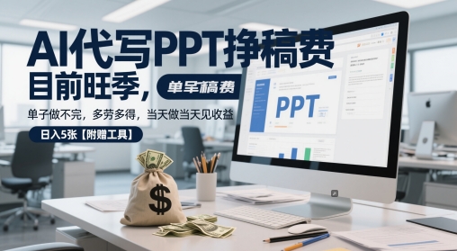 AI代写PPT挣稿费，目前旺季，单子做不完，多劳多得，当天做当天见收益，日入5张【附赠工具】-21资源库
