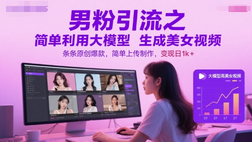 男粉引流之简单利用大模型生成美女视频，条条原创爆款，简单上传制作，变现日1k+-21资源库