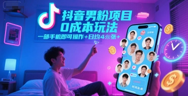 抖音男粉项目0成本玩法，一部手机即可操作，日均4张+，时间自由-21资源库