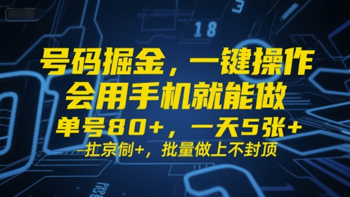 号码掘金，一键操作，会用手机就能做，单号80+，一天5张+，批量做上不封顶【揭秘】-21资源库