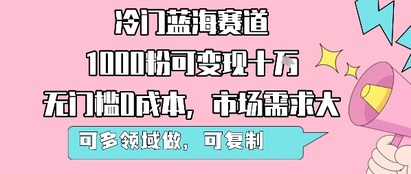冷门蓝海赛道，1000粉可变现十W，无门槛0成本，市场需求大，可多领域做，可复制性强-21资源库