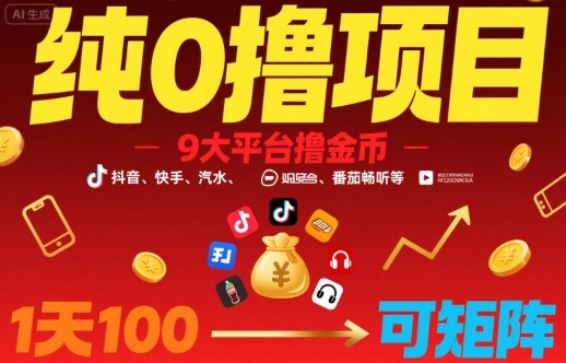 纯0撸项目，9大平台撸金币，抖音，快手，汽水，番茄畅听等，1天100，可矩阵-21资源库