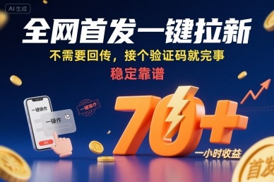 全网首发一键拉新项目，不需要回传，接个验证码就完事，稳定靠谱，一小时收益70+【揭秘】-21资源库