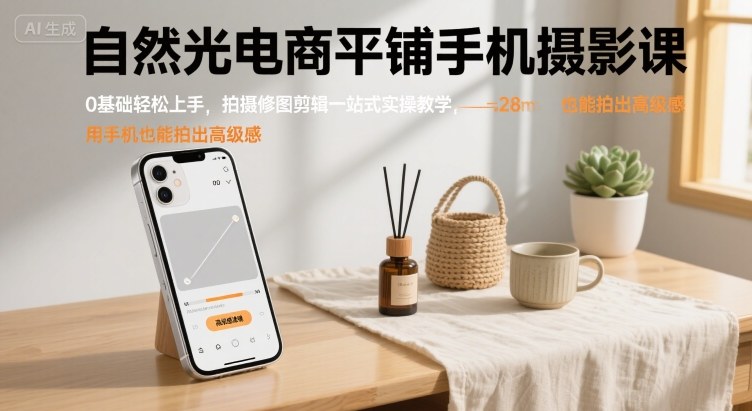 自然光电商平铺手机摄影课，0基础轻松上手，拍摄修图剪辑一站式实操教学，用手机也能拍出高级感-21资源库