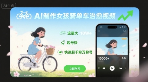 AI制作女孩骑单车治愈视频，流量大，起号快，快速起千粉万粉号-21资源库