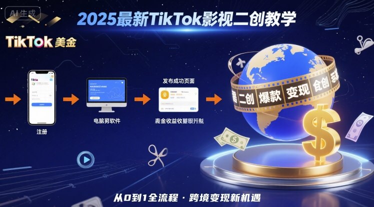 2025年最新TikTok影视二创教学，从注册到发布撸美金全流程，跨境变现新机遇-21资源库