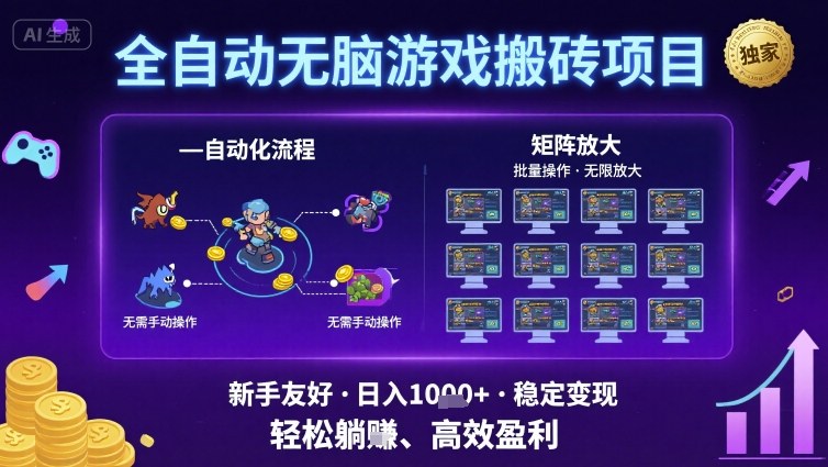 全自动无脑游戏搬砖项目，独家玩法，可批量矩阵无限放大，新手也能轻松日入1k+【揭秘】-21资源库
