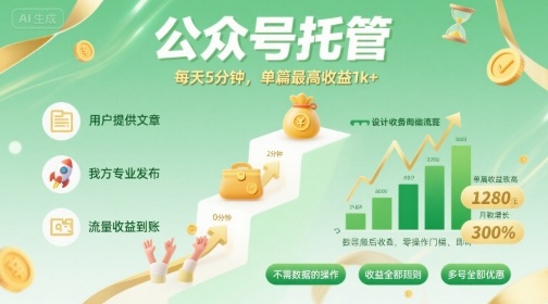 【公众号托管 】我提供文章，你发布，每天5分钟，单篇最高收益1k+【揭秘】-21资源库
