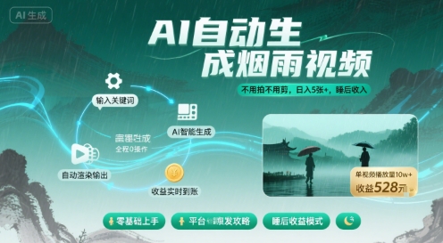 不用拍不用剪！AI自动生成烟雨视频，日入5张+，睡后收入-21资源库