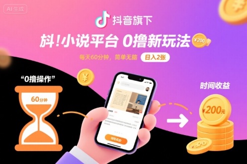 抖音旗下小说平台0撸新玩法，每天挂G60分钟，简单无脑，日入2张【揭秘】-21资源库