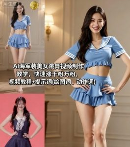 AI海军装美女跳舞视频制作教学,快速涨千粉万粉,视频教程+提示词(绘图词、动作词)-21资源库