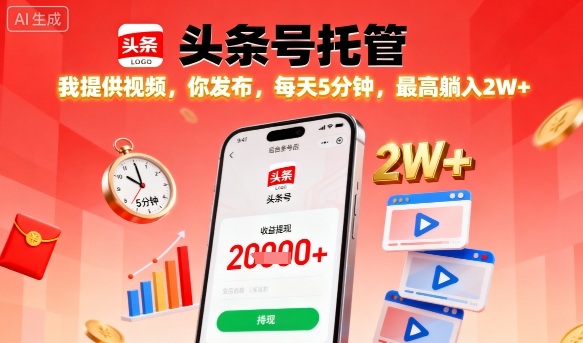 【头条号托管】我提供视频，你发布，每天5分钟，最高躺入2W+【揭秘】-21资源库