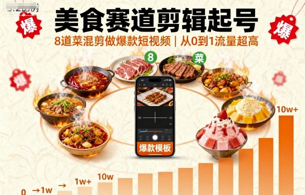 美食赛道剪辑起号，8道菜混剪做爆款短视频，从0到1，流量超高-21资源库