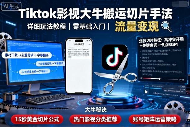Tiktok影视大牛搬运切片手法，详细玩法教程-21资源库