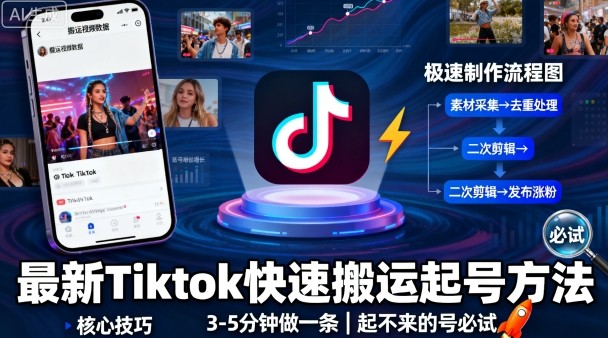 最新Tiktok快速搬运快速起号方法，3-5分钟做一条，起不来的号可以试试-21资源库