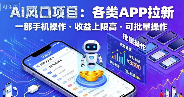 AI风口项目，各类APP拉新，一部手机就可以操作，收益上限高，可批量操作-21资源库