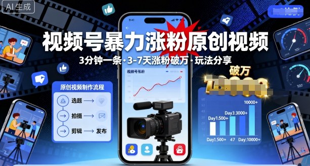 视频号暴力涨粉原创视频，3分钟一条原创视频，3-7天涨粉破万，玩法分享给你-21资源库