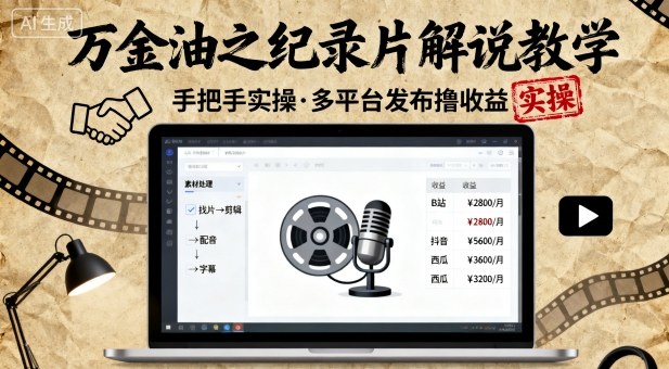 万金油之纪录片解说教学，手把手教你，完全实操，多平台发布撸收益-21资源库