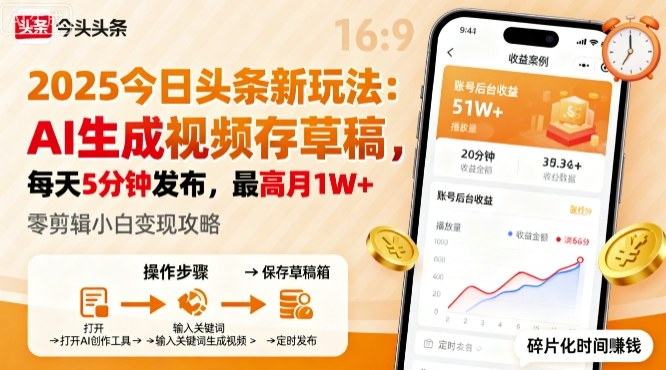 2025年今日头条躺賺新玩法，AI生成视频存草稿，每天5分钟发布，最高月1W+【揭秘】-21资源库