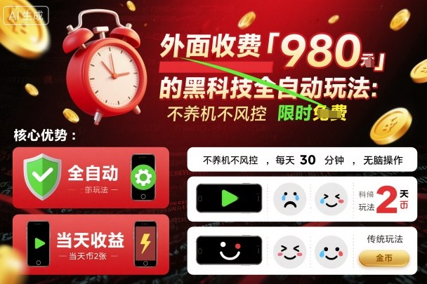 外面收费980的黑科技全自动玩法，不养机不风控，每天30分钟，无脑操作，当天收益2张【揭秘】-21资源库