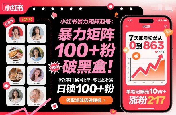 小红书暴力矩阵起号，教你打通引流-变现速通，日锁100+粉，破流量黑盒-21资源库