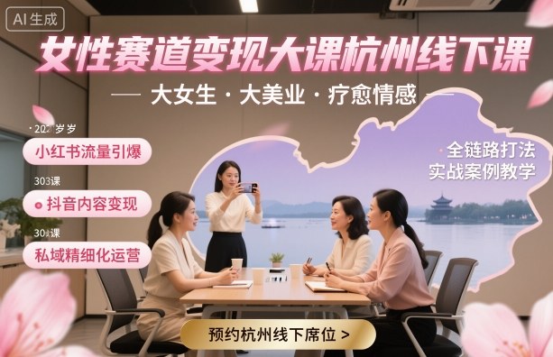 女性赛道变现大课杭州线下，大女生，大美业，疗愈情感，一套小红书、抖音、私域全链路打法-21资源库