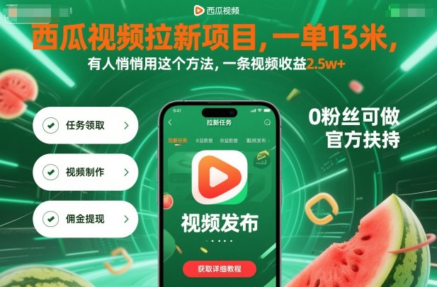 西瓜视频拉新项目，一单13米，有人悄悄用这个方法，一条视频收益2.5w+（附详细教程）-21资源库