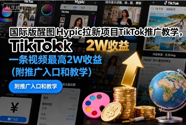 国际版醒图Hypic拉新项目TikTok推广教学，一条视频最高2W收益（附推广入口和教学）-21资源库