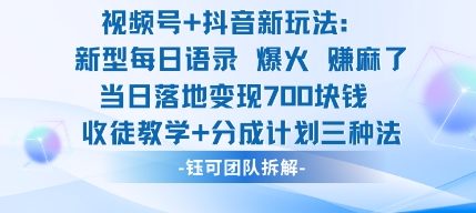 视频号加抖音新玩法：爆火新型每日语录，收徒教学加分成计划，三种变现玩法，当日变现7张-21资源库