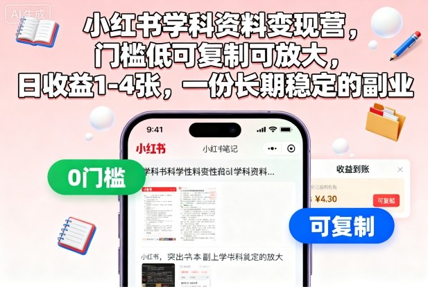 小红书学科资料变现营，门槛低可复制可放大，日收益1-4张，一份长期稳定的副业-21资源库