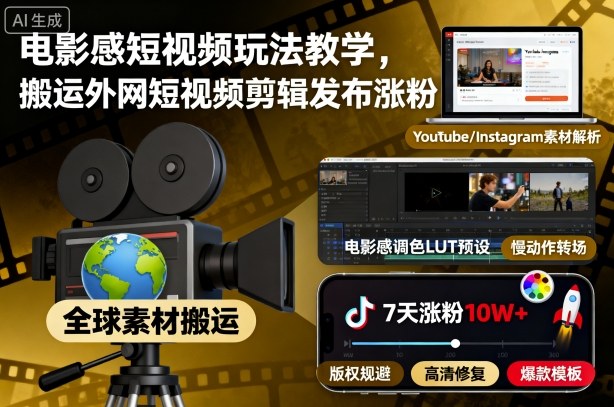 电影感短视频玩法教学，搬运外网短视频剪辑发布涨粉-21资源库