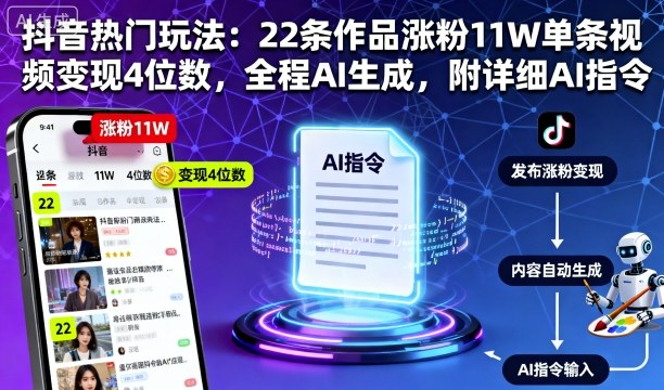 抖音热门玩法：22条作品涨粉11W单条视频变现4位数，全程AI生成，附详细AI指令-21资源库