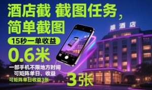 酒店截图任务,简单截图,15秒一单收益0.6米,一部手机不限地方时间,可矩阵单日收益3张【揭秘】-21资源库
