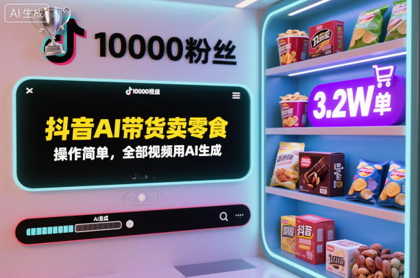 抖音AI带货卖零食，操作简单，全部视频用AI生成，一万粉丝，卖了3.2W单-21资源库