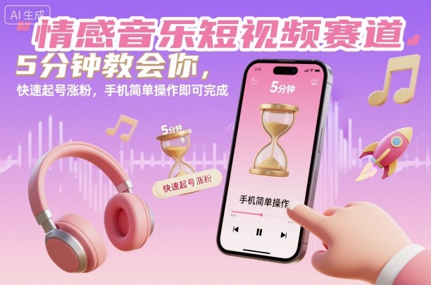 情感音乐短视频赛道，5分钟教会你，快速起号涨粉，手机简单操作即可完成-21资源库