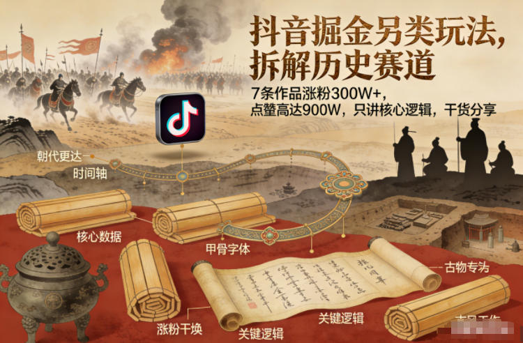 抖音掘金另类玩法，拆解历史赛道，7条作品涨粉300W+，点赞量高达900W，只讲核心逻辑，干货分享-21资源库