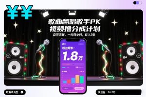 歌曲翻唱歌手PK视频撸分成计划，自带流量，一天两小时，日入2张-21资源库