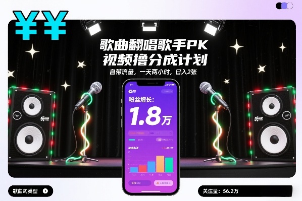歌曲翻唱歌手PK视频撸分成计划，自带流量，一天两小时，日入2张-21资源库