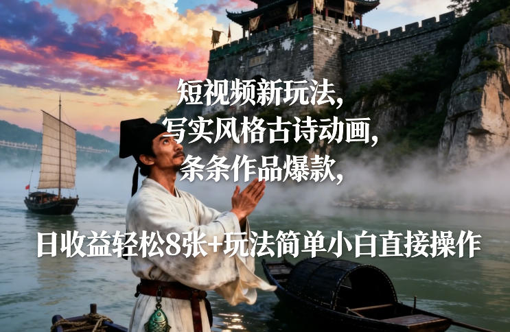 短视频新玩法，写实风格古诗动画，条条作品爆款，日收益轻松8张+玩法简单小白直接操作-21资源库