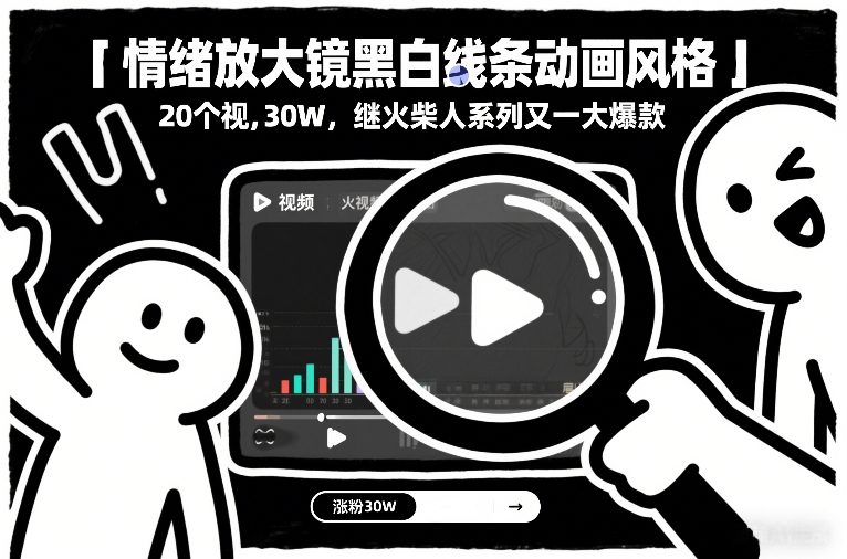 情绪放大镜黑白线条动画风格，20个视频，涨粉30W，继火柴人系列又一大爆款-21资源库